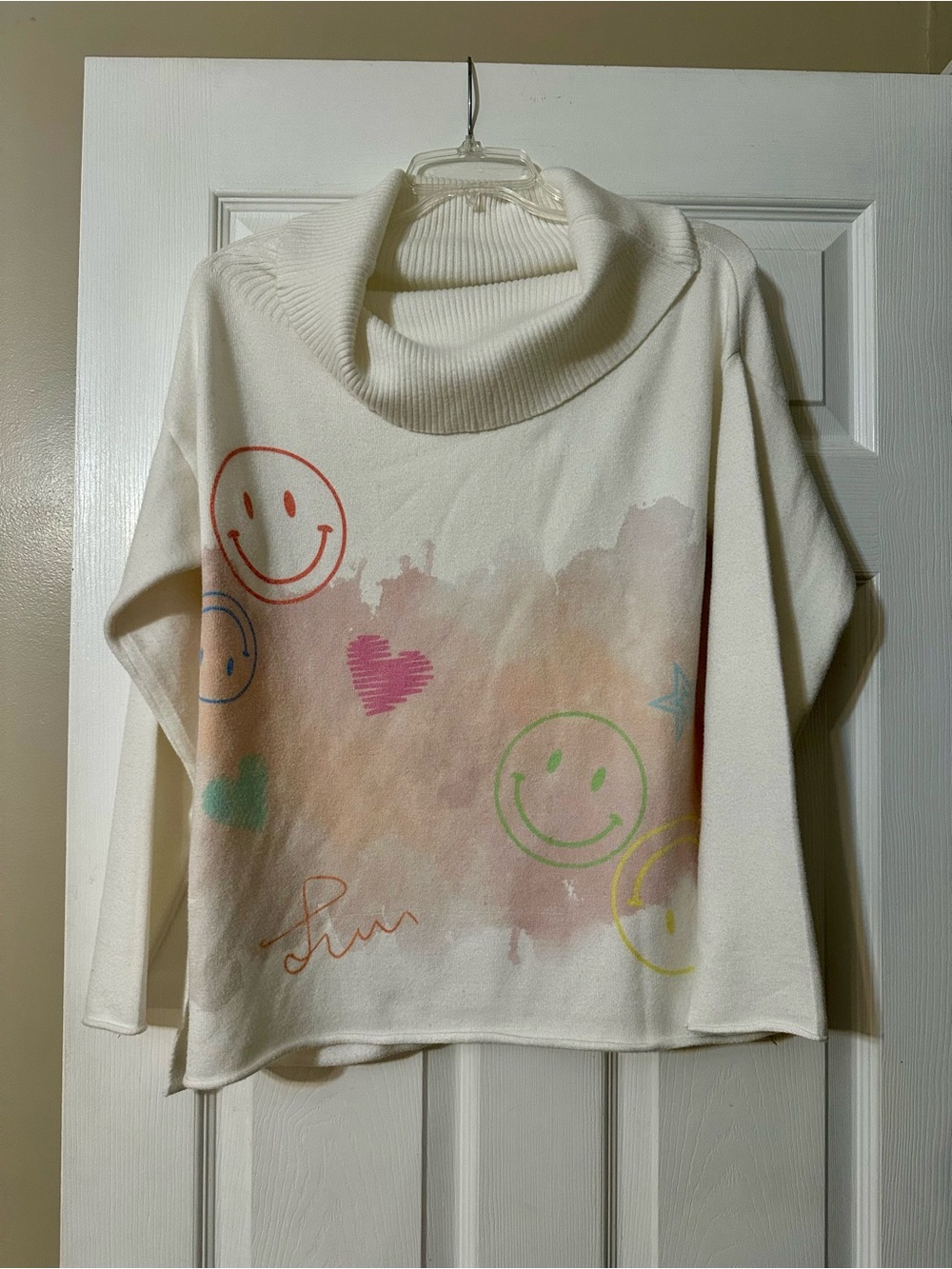 Cream Cowl Neck Sweater with Pastel Smiley & Heart Graphics